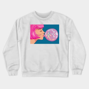 Pink Haired Girl Blowing Bubble Gum Koi Fish Crewneck Sweatshirt